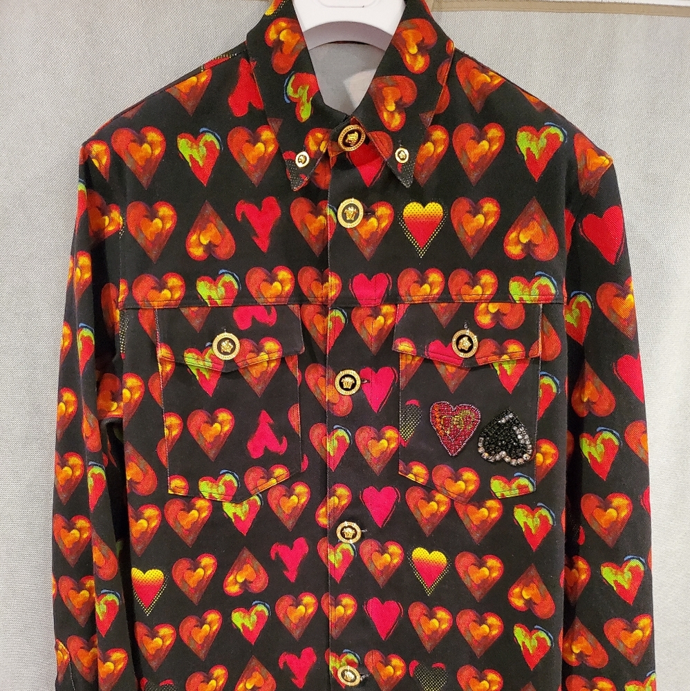 VERSACE Heart Print Denim Shirt with Crystal